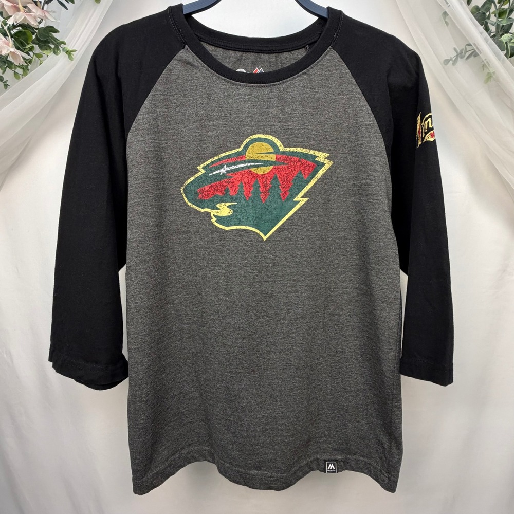 Majestic Minnesota Wild NHL Raglan Shirt Mens Large Grey Black 3/4 Sleeve Tee